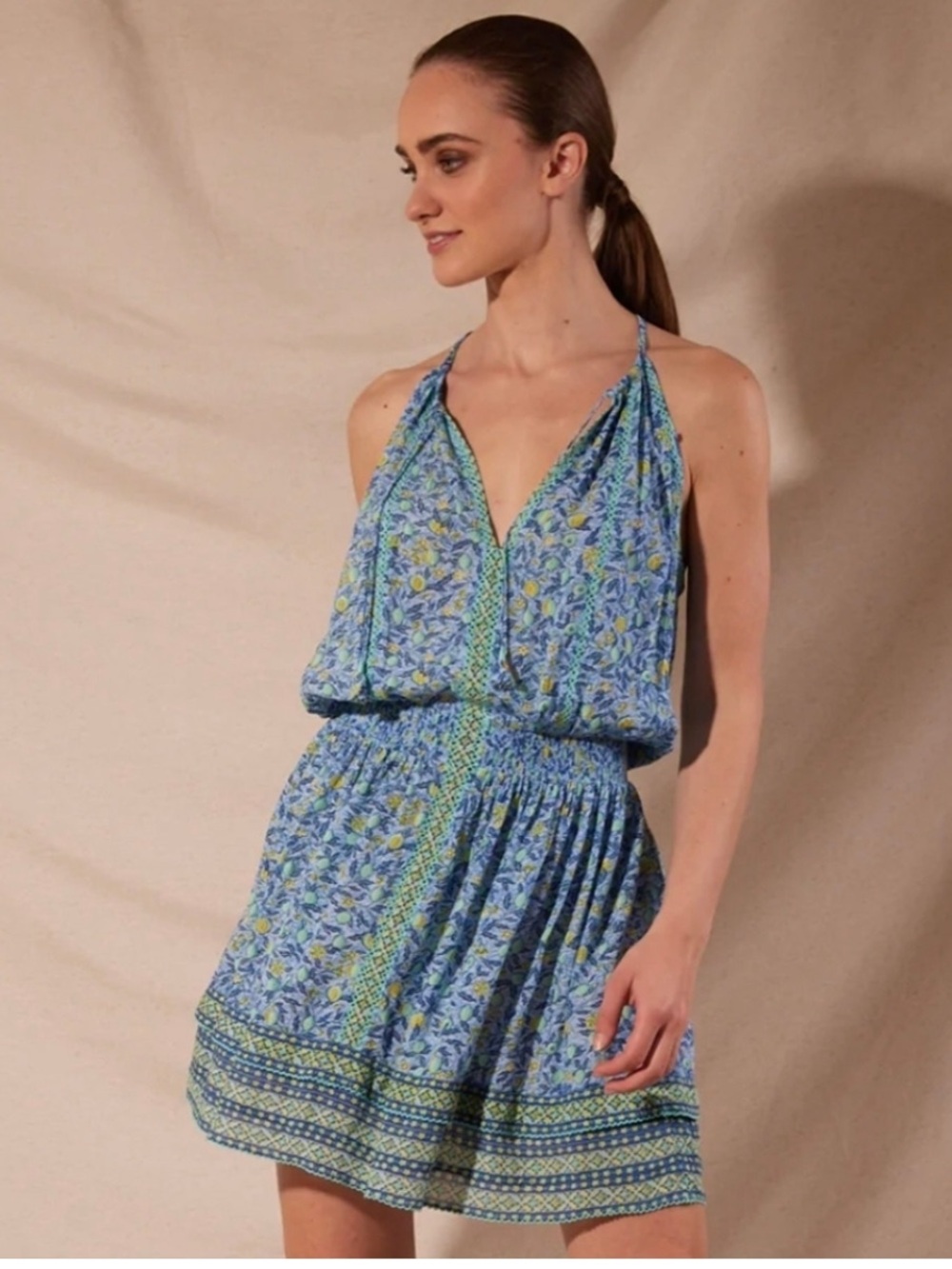 Poupette St Barth Carine mini dress blue floral keyhole tie Size XS